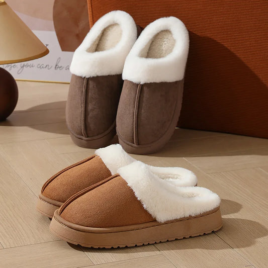 Crestar Women Plush House Slippers Fashion Faux Fur Collar Non-slip Platform Fuzzy Slides Winter Indoor Warm Fluffy Cotton Shoes