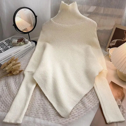 2025 Autumn Winter Women Fashion Irregular Loose Knit Sweater Vintage High Neck Long Sleeve Female Pullovers Chic Tops