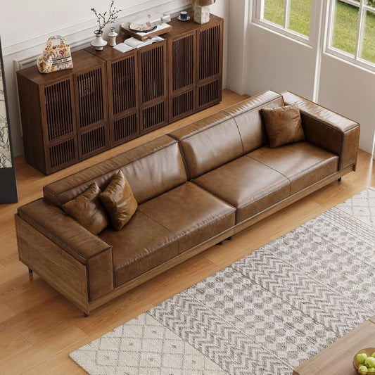 Mid-Century Modern Leather Sofa 111.81 with Wooden Accents on Sides & Back, Spacious 3 - Seat Couch for Living Room, Bedroom
