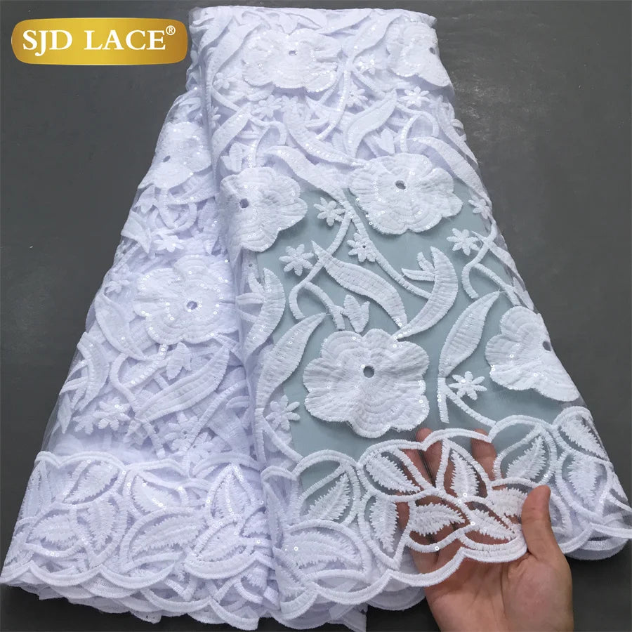 SJD LACE African Milk Silk Lace Fabric 2025 High Quality Nigerian White Mesh Embroidery Lace for Sewing Women Wedding Dress 4043