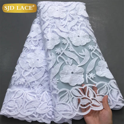 SJD LACE African Milk Silk Lace Fabric 2025 High Quality Nigerian White Mesh Embroidery Lace for Sewing Women Wedding Dress 4043