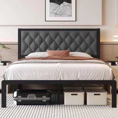 Queen Bed Frame with Headboard Linien Upholstered Bed Frame Platform,All Metal Slats Support Platform Bed Frame