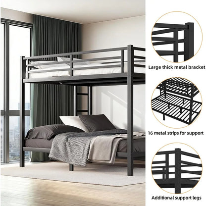 Queen Over Queen Bunk Bed Frame, Heavy Duty Metal Loft Bed for Adults/Teens, 400/600LB Capacity w/Ladder & Guardrail, Noise-Free