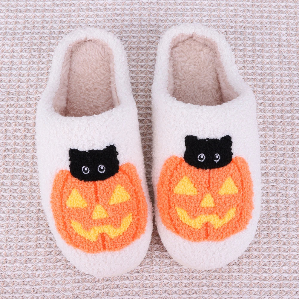 Halloween Pumpkin Cat Slippers Closed Toe Slippers Flat Thermal Slippers Warm Slip-On Unisex House Shoes Winter Halloween Gifts