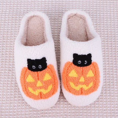 Halloween Pumpkin Cat Slippers Closed Toe Slippers Flat Thermal Slippers Warm Slip-On Unisex House Shoes Winter Halloween Gifts