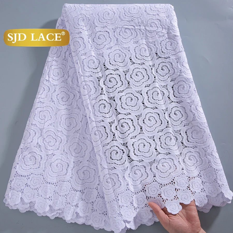 SJD LACE African Sequins Guipure Cord Lace Fabrics 5 Yards White 2025 New Nigerian Water Soluble Lace For Women Dresses Sew 4197