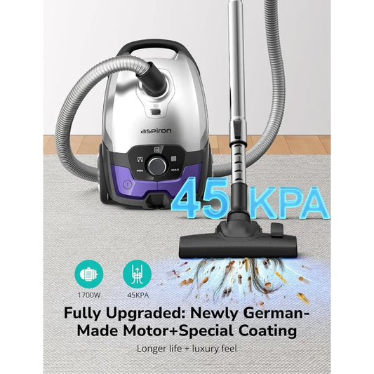 Canister Vacuum1700W/45KPA Bagged Vacuum Cleaner 5L Large Capacity Auto Cord Rewind HEPA Filter Low Noise 7.5M Cleaning Radius