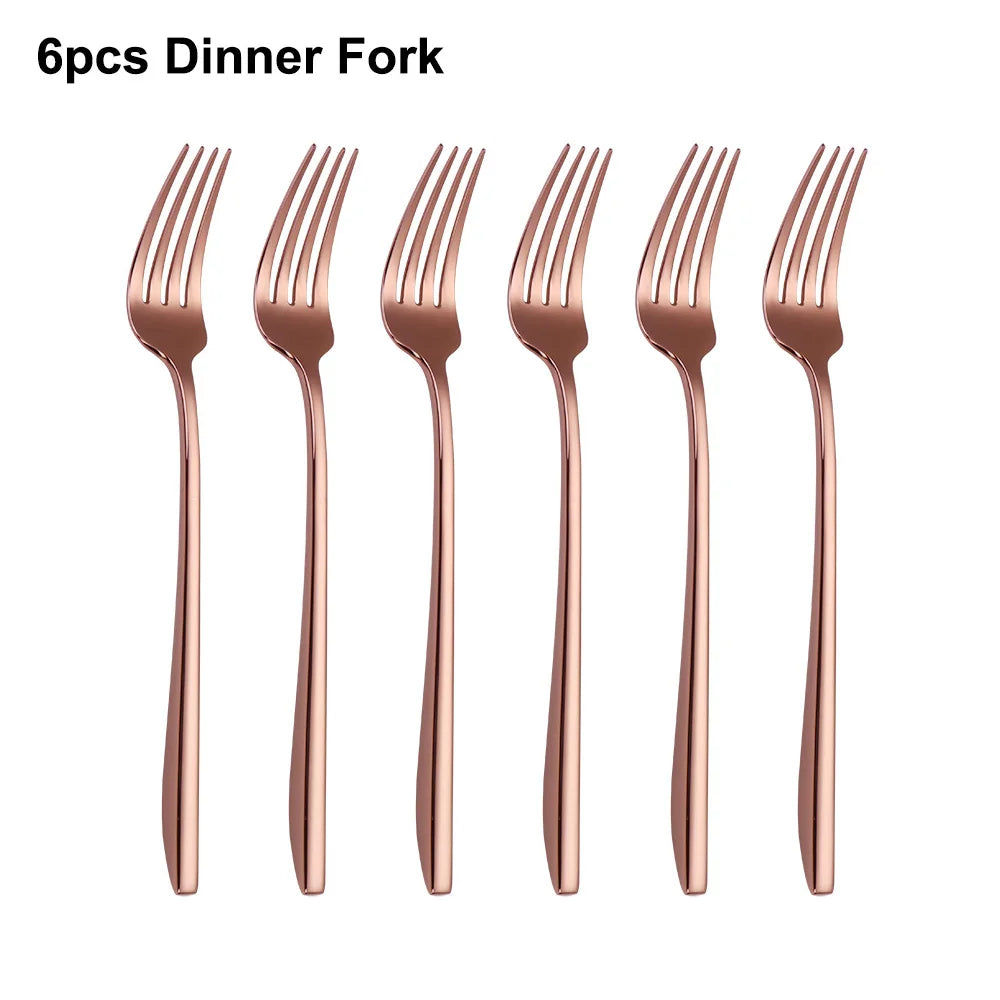 6Pcs Elegant Gold Flatware Set Stainless steel 304 Cutlery Mirror Silverware Rose Knife Fork High Polish Western Dinner Set