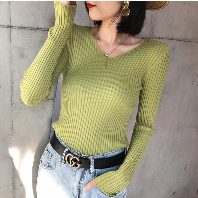 2025 Autumn Winter Women Solid Rib Knit V Neck Stripe Pull Sweater Femme Long Sleeve Pullover Jersey Tops Fashion Clothes Y2k