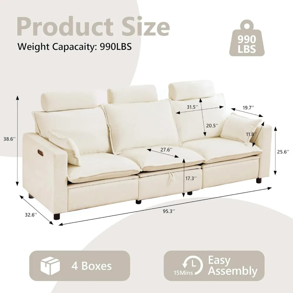 Oversized Power Reclining Sofa, Cream Cloud Chenille Recliner Couch with Adjustable Headrest, Pillows & Hidden Storage, Comforta