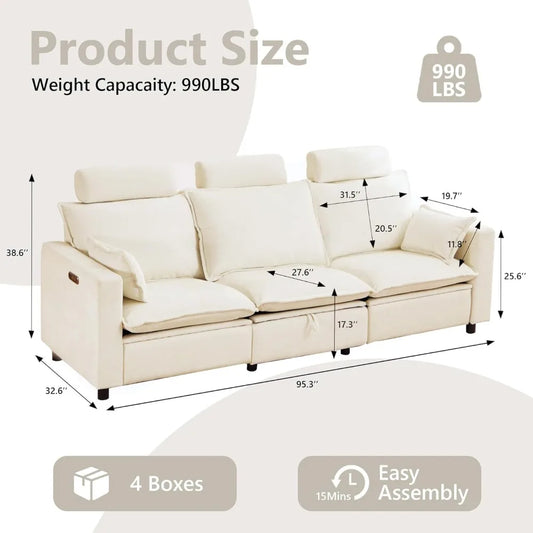 Oversized Power Reclining Sofa, Cream Cloud Chenille Recliner Couch with Adjustable Headrest, Pillows & Hidden Storage, Comforta