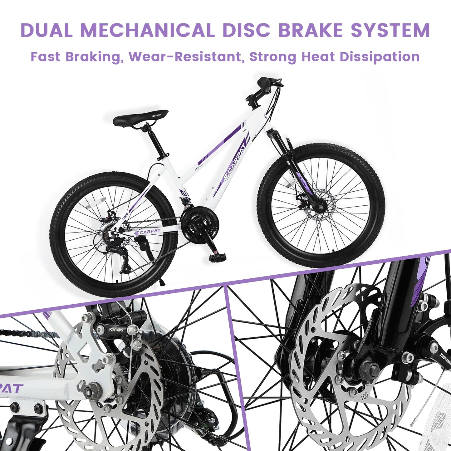 Ecarpat Mountain Bike 24 26 Inch Wheels, 21-Speed Disc Brake, Female Bicycles, 15" Steel Frame Front Fork Suspension