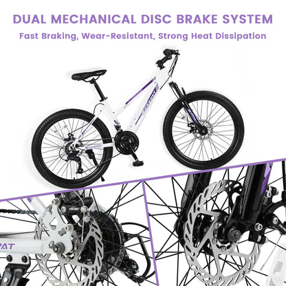 Ecarpat Mountain Bike 24 26 Inch Wheels, 21-Speed Disc Brake, Female Bicycles, 15" Steel Frame Front Fork Suspension