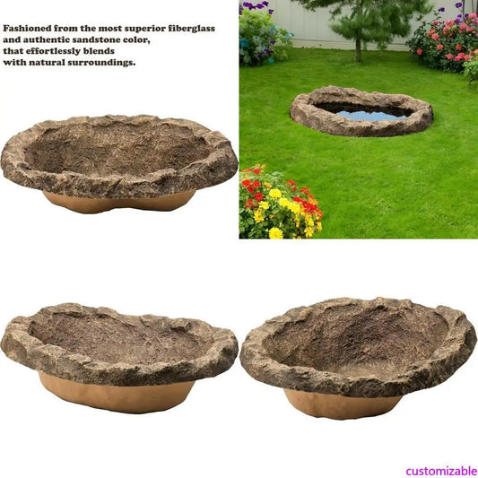 Miniature Flower-Themed Fiberglass Rock Water Feature, 17 Gallon Sandstone Outdoor Patio Waterfall Pond