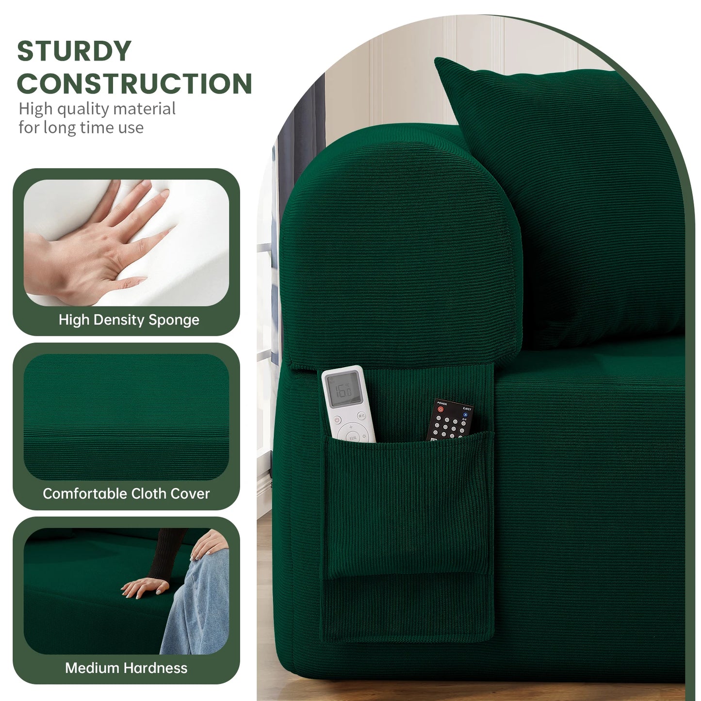 Sofa in a Box, No Assembly 3-Seater Floor Sofa Couch with 2 Pillows & Corduroy Fabric & Side Storage Pockets
