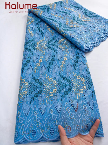 Kalume African Cotton Embroidered Lace Fabric With Stones 2025 Nigerian Swiss Voile Lace Fabric Flower For Sewing Dress F4325