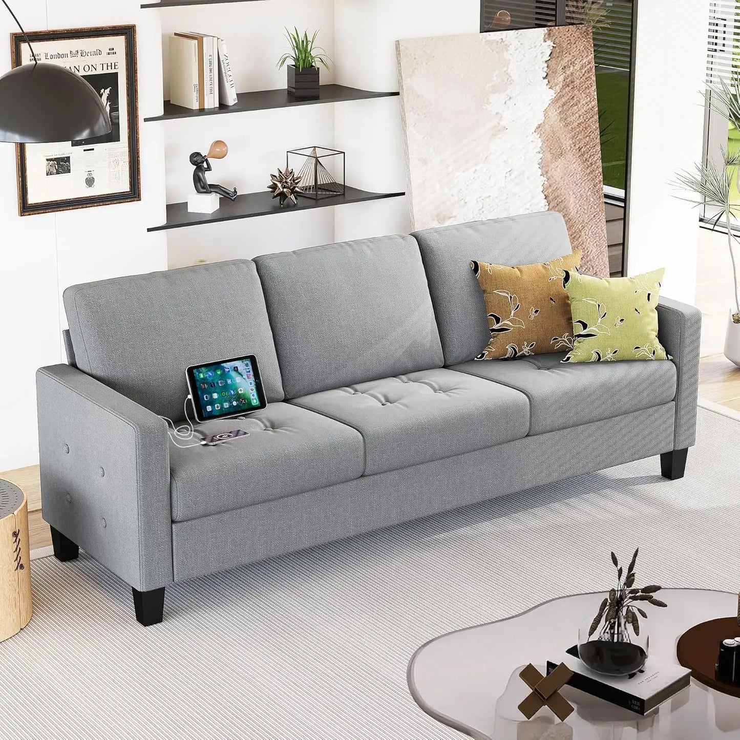 73” Black Faux Leather Sofa Couch, Modern Comfy Office 3 Seater Couch Loveseat with Tufted Armrest and USB, Customized