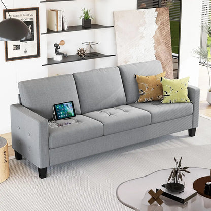 73” Black Faux Leather Sofa Couch, Modern Comfy Office 3 Seater Couch Loveseat with Tufted Armrest and USB, Customized