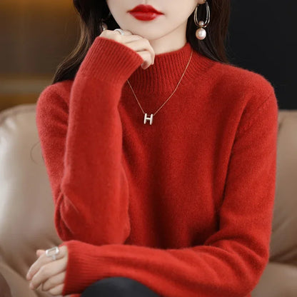 Women's Knitwear Autumn Winter Sweater Korean Basic Solid Long Sleeve Pullovers Warm Bottoming Shirts Half High Collar Black Red