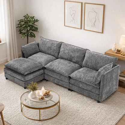 108" L Shaped Couch, Modular Sectional Sofa, Chenille Cloud Couch with Movable Ottoman, 3 Deep Seat Small Sectional, Customized