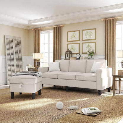 Couch for Living Room-78'' Beige Linen 3 Seat L-Shaped Sectional Sofa Couches with Storage Ottoman-Modern Small Space.Customized