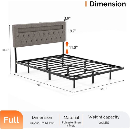 Full Size Floating Bed Frame with Charging Station,Modern Metal Full Bed with led Lights,Easy Assembly,Upholstered Bed Frame