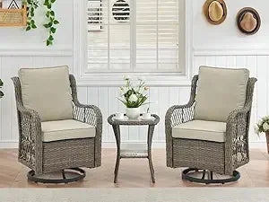 3 piece outdoor patio set, wicker rocking bistro set with 2 swivel chairs & tempered glass top table, rattan outdoor furniture