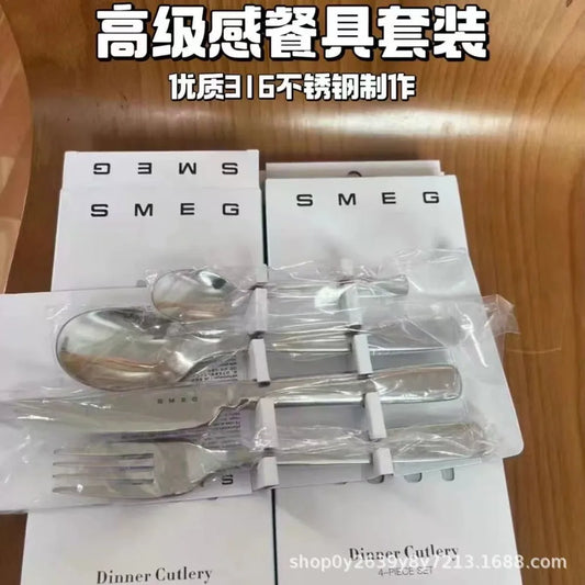 Thickened ceremonial stainless steel fork spoon knife 4-piece set, anti slip handle, corrosion-resistant and easy to maintain