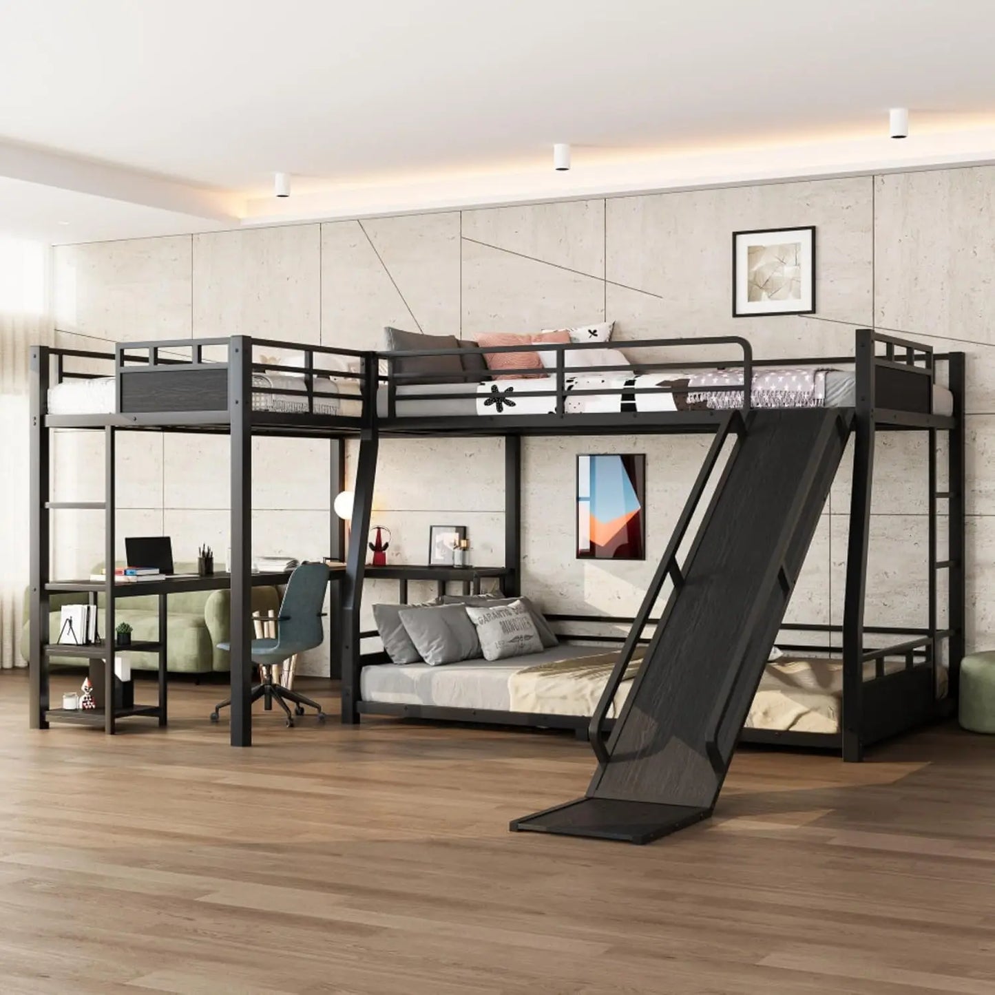 Queen Over Twin Over Twin Metal BunkBed with Storage Stairs and Shelves, 3-in-1 Triple Bunk Bed with Headboard, Space Saving, fo