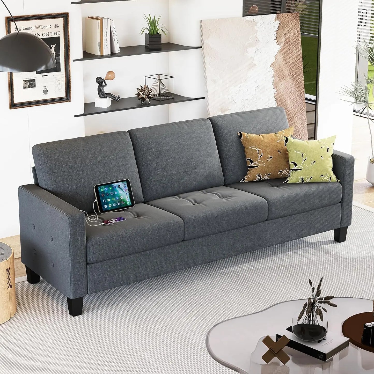 73” Black Faux Leather Sofa Couch, Modern Comfy Office 3 Seater Couch Loveseat with Tufted Armrest and USB, Customized