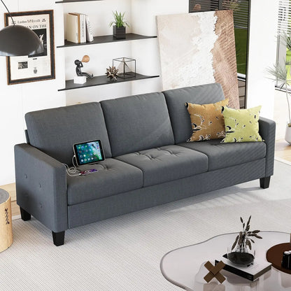 73” Black Faux Leather Sofa Couch, Modern Comfy Office 3 Seater Couch Loveseat with Tufted Armrest and USB, Customized