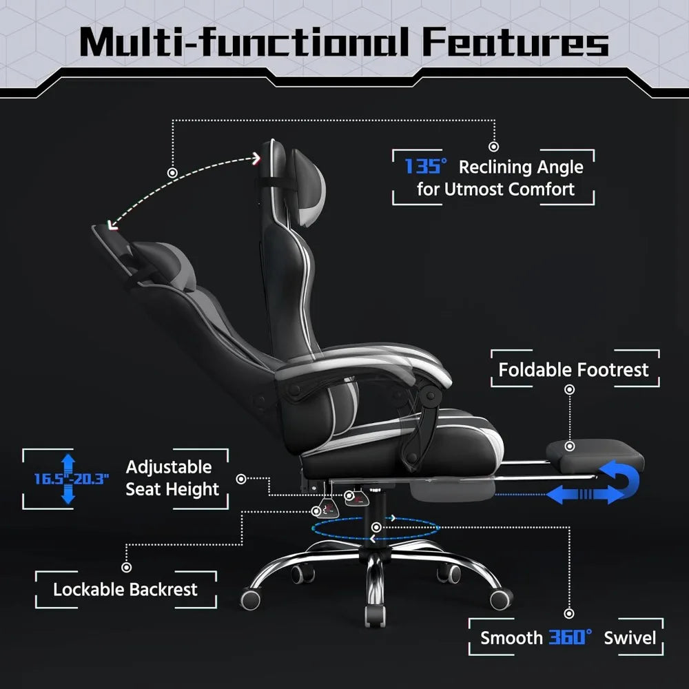 Ergonomic Gaming Chair with Swivel Seat&Headrest, Adjustable Video Game Chair with Massage Lumbar Support and Footrest Height