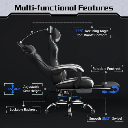 Ergonomic Gaming Chair with Swivel Seat&Headrest, Adjustable Video Game Chair with Massage Lumbar Support and Footrest Height