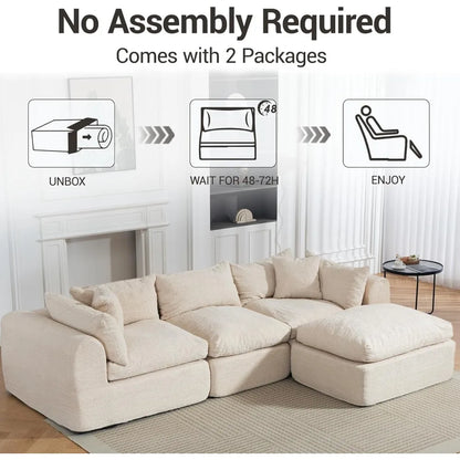 113" Cloud Modular Sectional Sofa - Comfy L-Shape Boneless Couch w/Ottoman & Deep Fluffy Seat, No Assembly Required,Customized