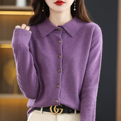 2024 Women's POLO Collar Knitted Cardigan Basic Versatile Top Spun Wool Jacket Elegant Single Breasted Sweater DMR430
