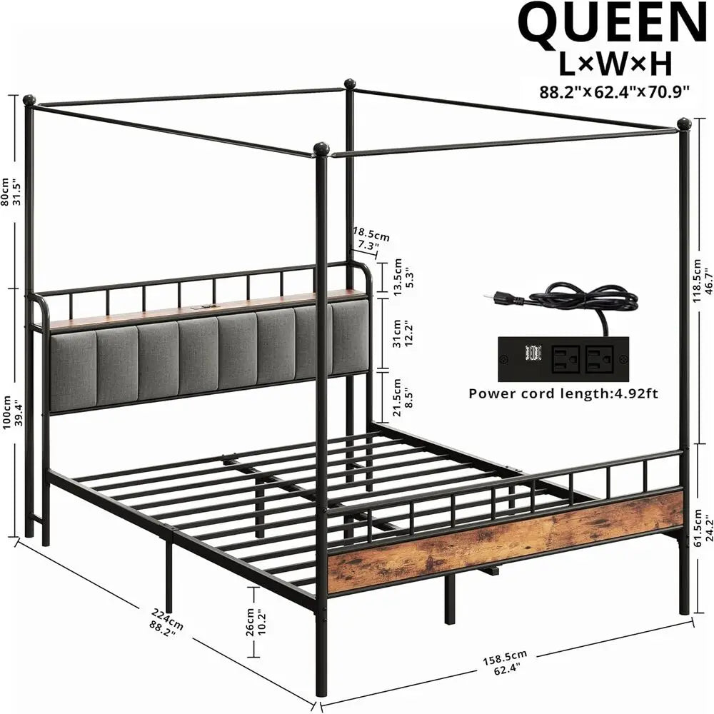 LIKIMIO Canopy Bed Frame Queen, Storage Headboard with Charging Station, Platform Bed with 4 Removable Sturdy Posts, Noise Free