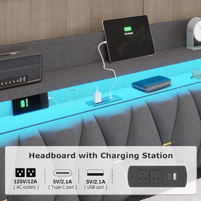 LED King Bed Frame with Charging Station, Hidden Storage & Upholstered Headboard, Dark Gray Linen