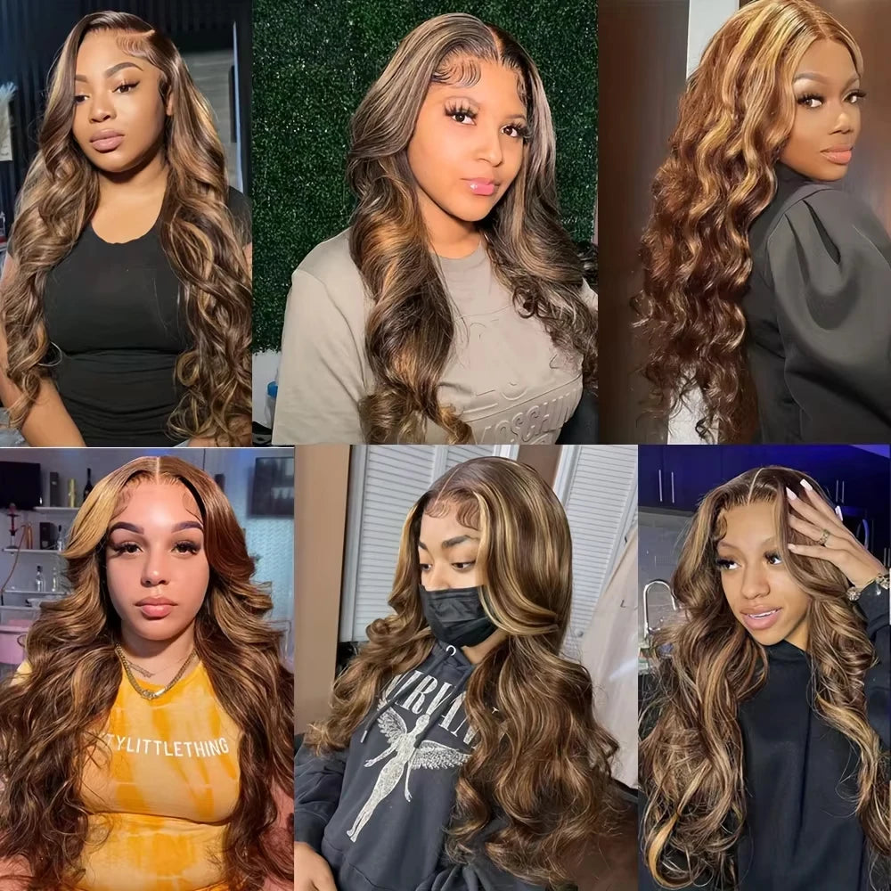 180 200 Density 100% Human Hair Body Wave Wigs P4/27 Highlight Colored 13x4 13x6 HD TranspatentLace Frontal 18-46 Inch Remy Hair