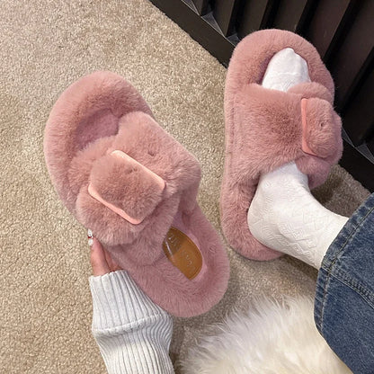 Women's Fashion Flat Fluffy Slippers Winter New Round Head Open Toe Suede Warm Comfortable Cotton Drag