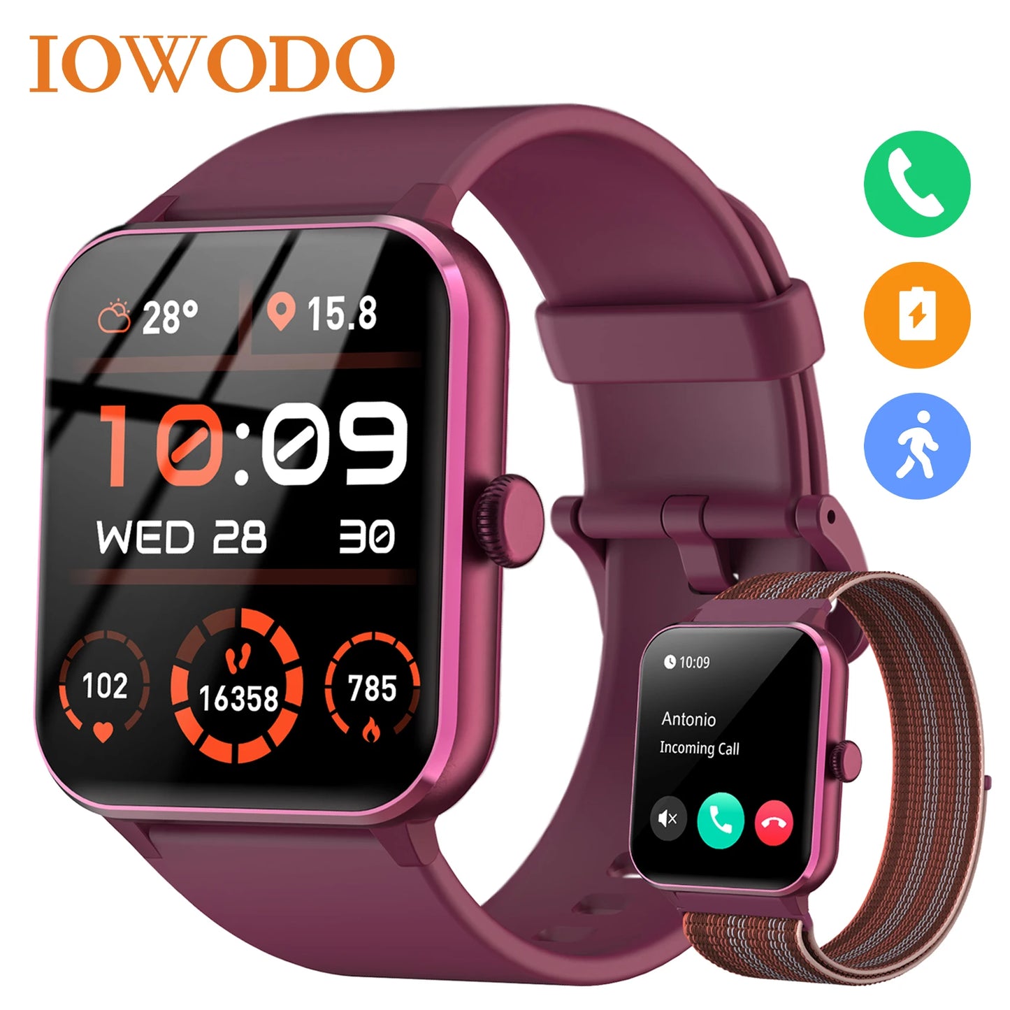 IOWODO R50 Waterproof Smart Watch 1.85'' HD Screen BT Calls SpO2 Heart Rate Monitor Men Women Smartwatch with 100 Workout Modes