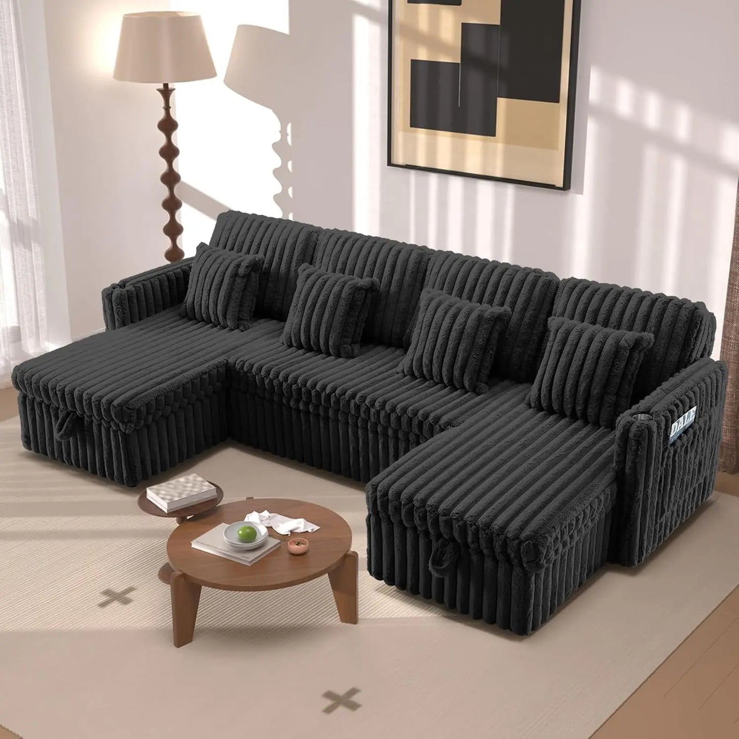 107" Sectional Sleeper Sofa with Pull Out Bed, Comfy Fluffy Plush Corduroy Cloud Sectional Couches for Living Room, Customized