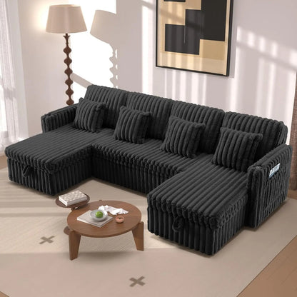 107" Sectional Sleeper Sofa with Pull Out Bed, Comfy Fluffy Plush Corduroy Cloud Sectional Couches for Living Room, Customized