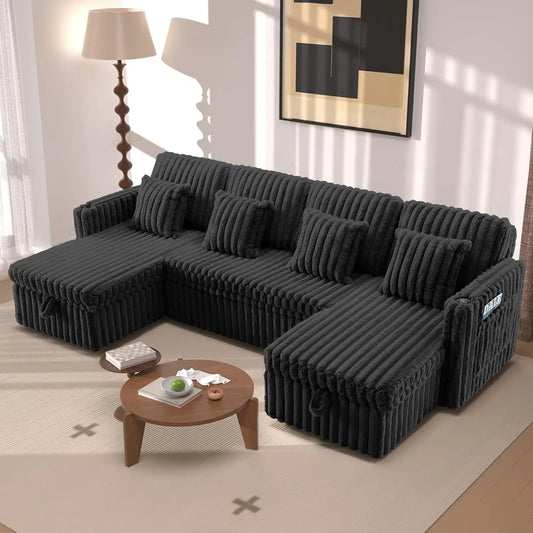 107" Sectional Sleeper Sofa with Pull Out Bed, Comfy Fluffy Plush Corduroy Cloud Sectional Couches for Living Room, Customized