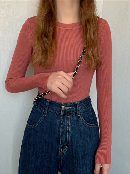 2025 New Women Sweater Autumn Winter Long Sleeve Pullover Basic Top Fashion O-neck Elastic Female Winter Solid Knitted Jumper