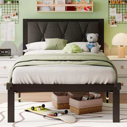 Twin Metal Bed Frame, Linen Platform Bed with Button Tufted Headboard, Heavy Duty Slats Support, 12" Under Bed Storage,