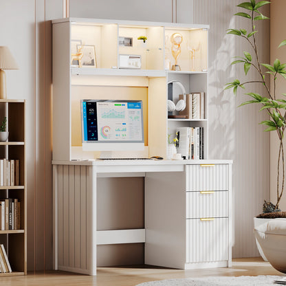 JDPAG LED Study Desk with Hutch & Storage Cabinet, 47" Home Office Desk with Outlet and 3 Color LED，Writing Desk for Bedroom