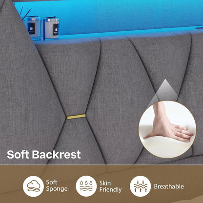 Platform Bed Frame King Size with Storage Headboard and LED Lights,King Size Bed Frame, Upholstered Headboard