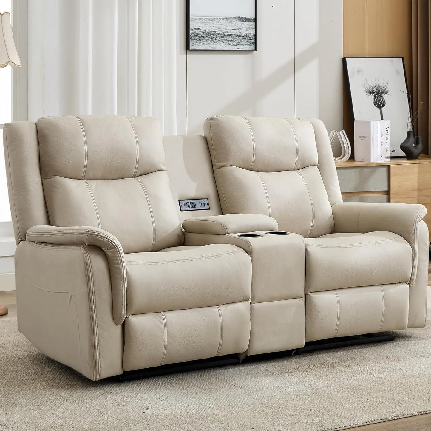 Loveseat Recliner Sofa, Reclining Loveseat Couch, Reclining Couch with Console, USB Port, US Outlets, and Cup, Customized