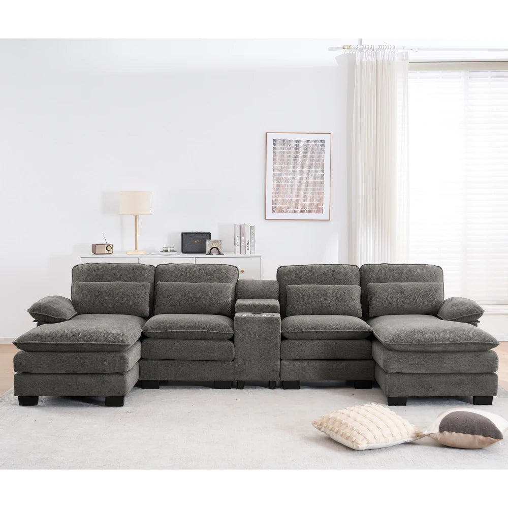 124" Luxury Modern Modular U-Shaped Sectional Sofa, 4-Seater Chenille Cloud Couch w/ Storage Console, Cup Holders & Pillows