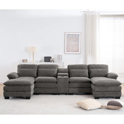 124" Luxury Modern Modular U-Shaped Sectional Sofa, 4-Seater Chenille Cloud Couch w/ Storage Console, Cup Holders & Pillows